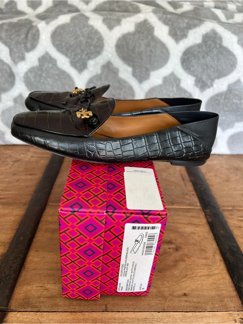Tory Burch Dark Brown and Black Croc-Embossed Leather Loafers w/ gold charm logo